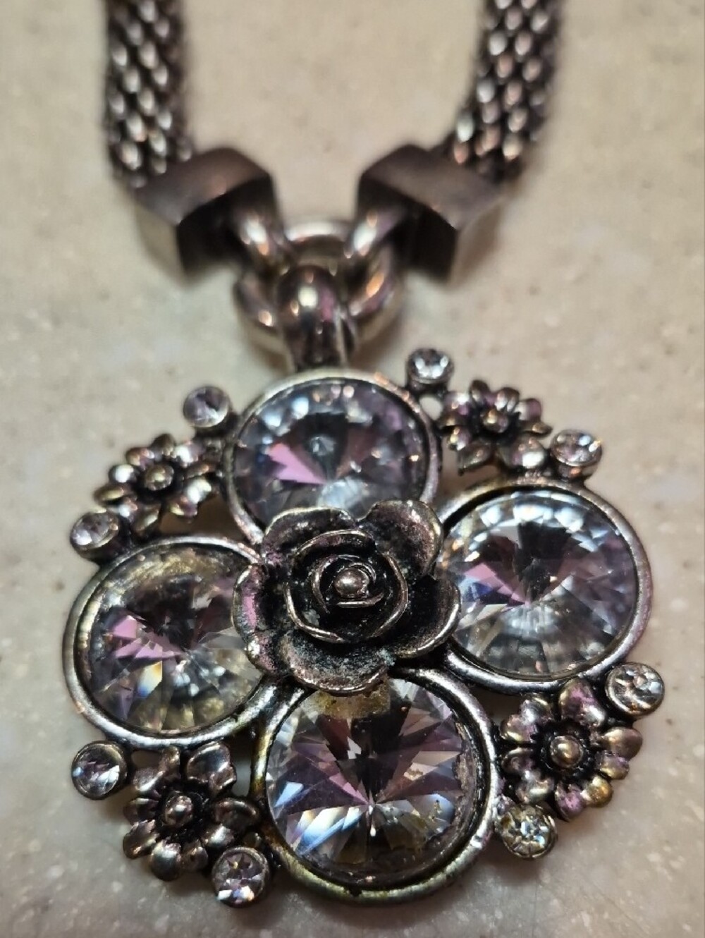 Silver-Tone Crystal Flower Pendant Necklace - Women Jewelry - Picture 2 of 3